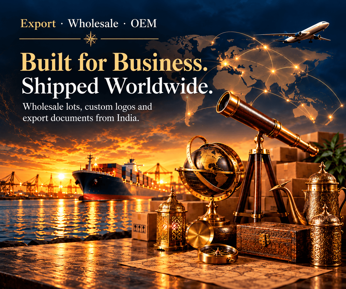 Built for Business. Shipped Worldwide. Brass globe, telescope and lanterns with a cargo ship behind