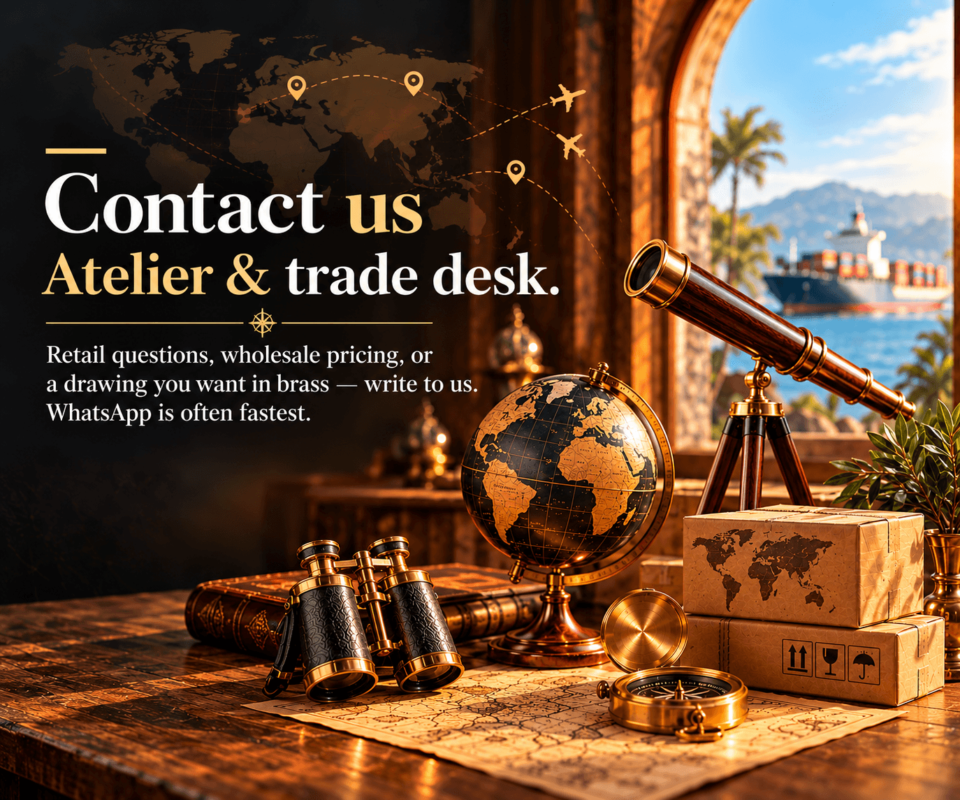 Contact us — Atelier & trade desk. Brass globe, binoculars and compass on a desk