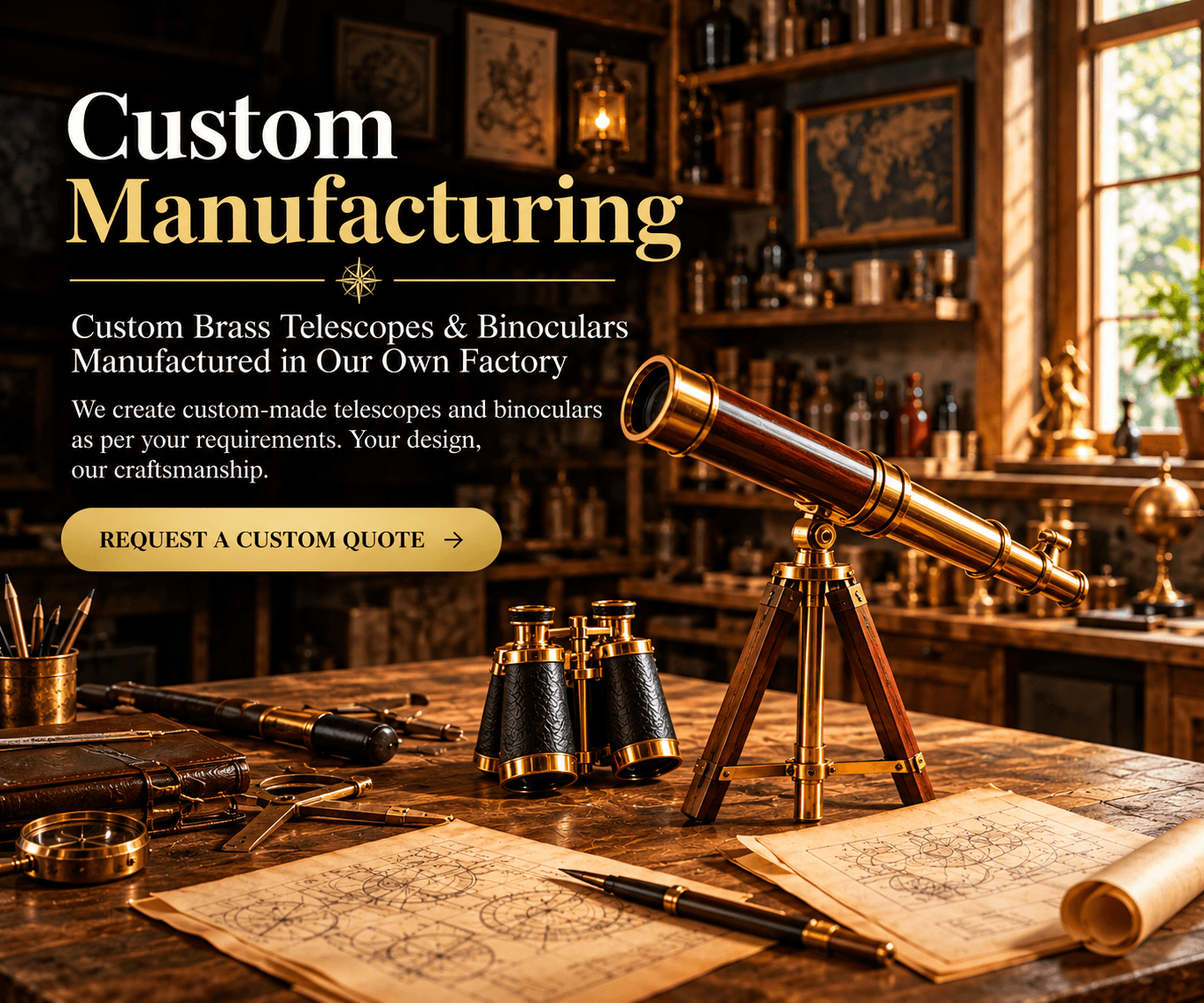 Custom Manufacturing — custom brass telescopes and binoculars manufactured in our own factory